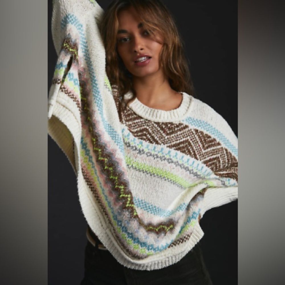 Anthropologie Cream Sweater with Brown, Blue, and Lime Stripe Pattern